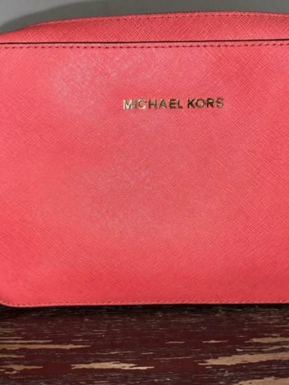 Michael Kors Coral Saffiano Cosmetic Pouch with Gold Logo